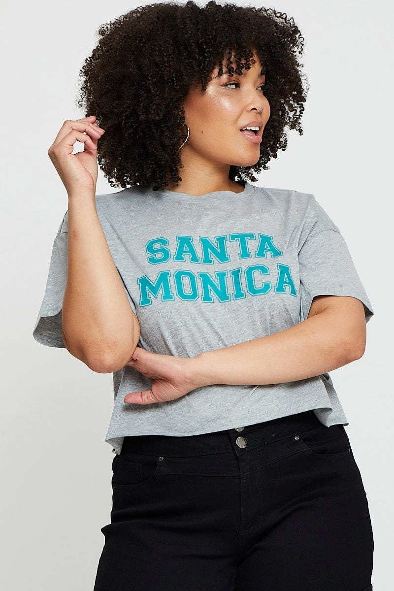 High-Quality Fabric Grey Crop T-shirt Santa Monica Short Sleeve Semi