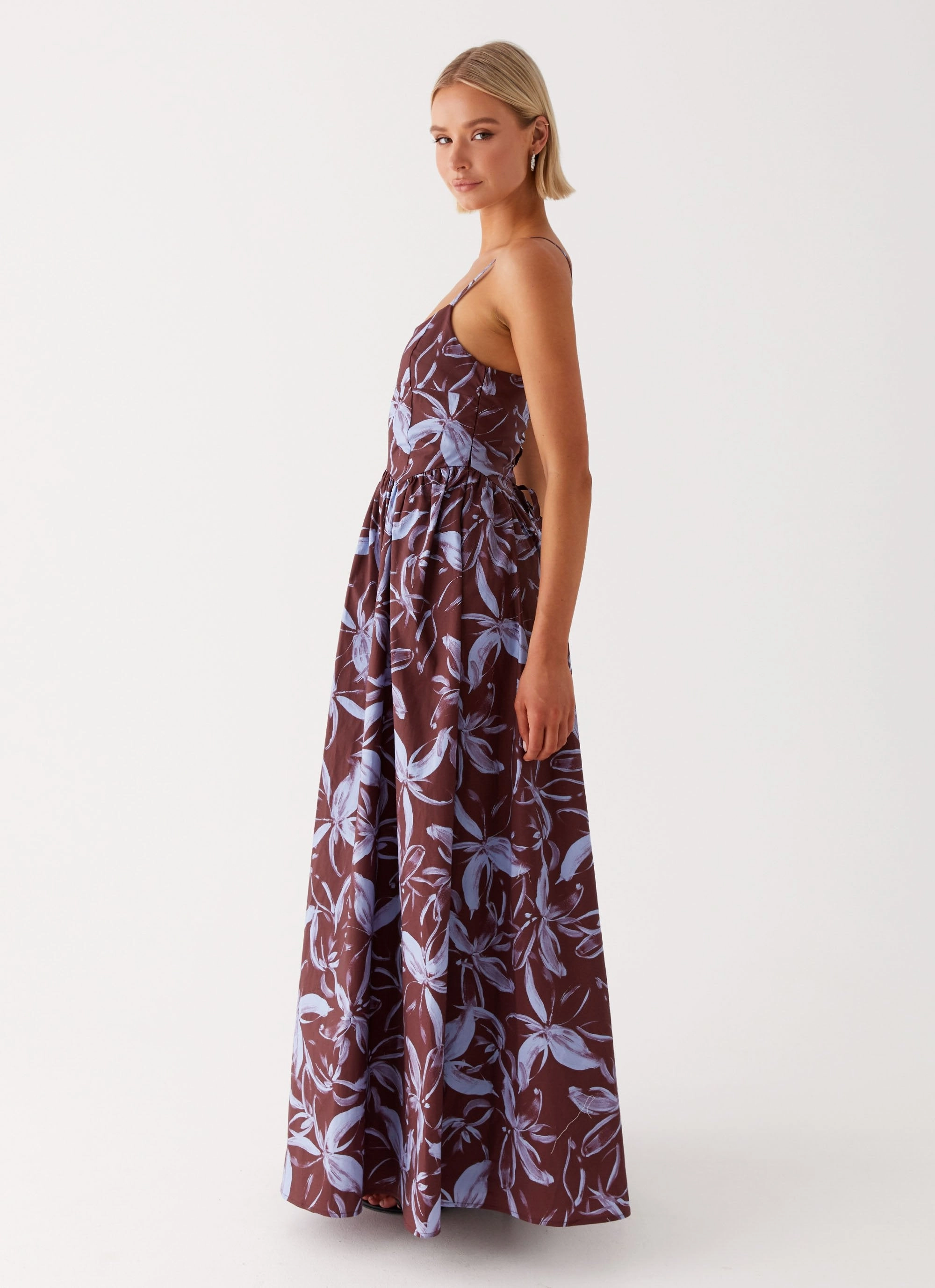 Flare Swing Dark Tones Tesoro Maxi Dress - Brown Purple Floral