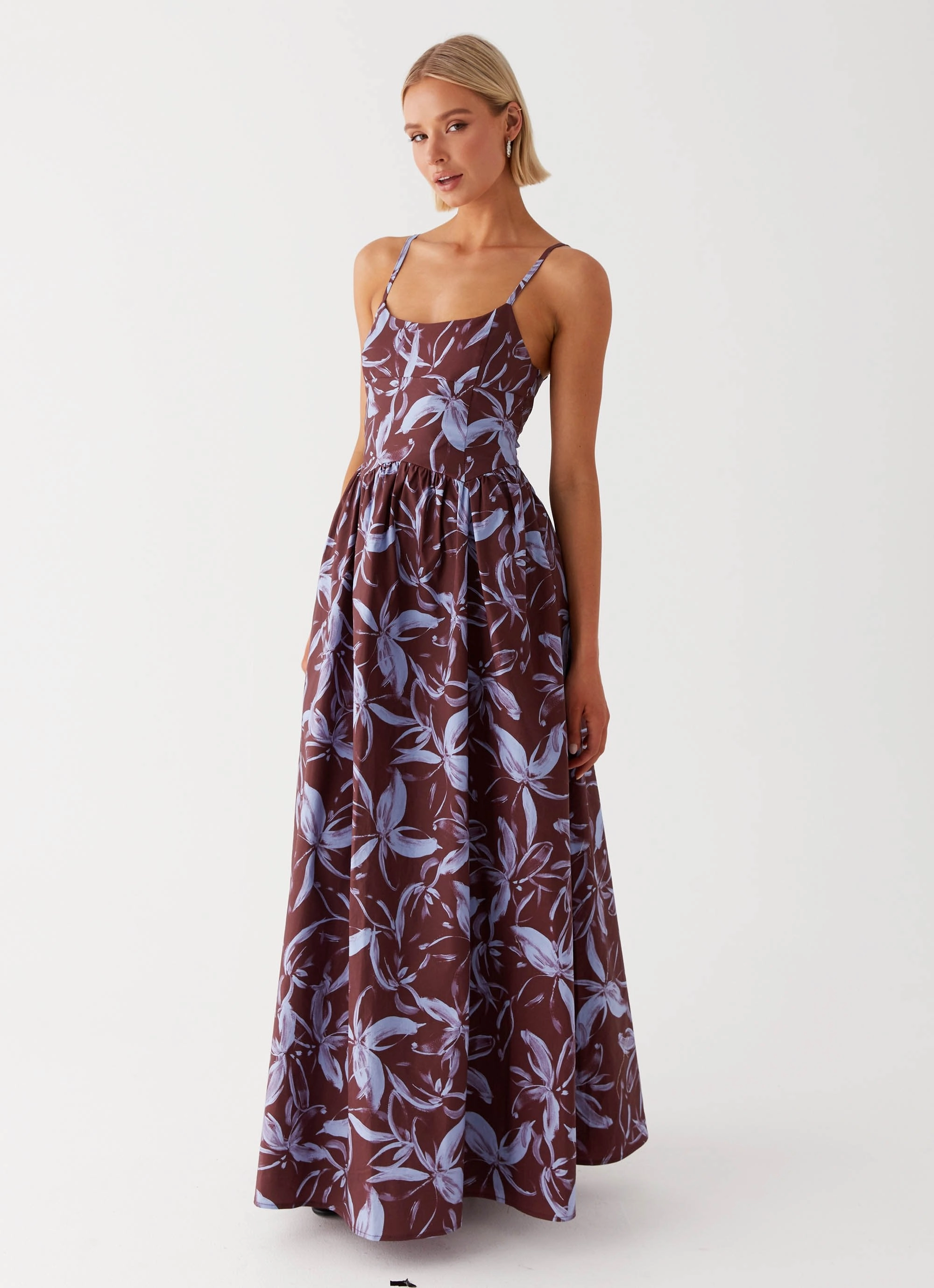 Relaxed Fit Design Flattering Fit for All Tesoro Maxi Dress - Brown Purple Floral