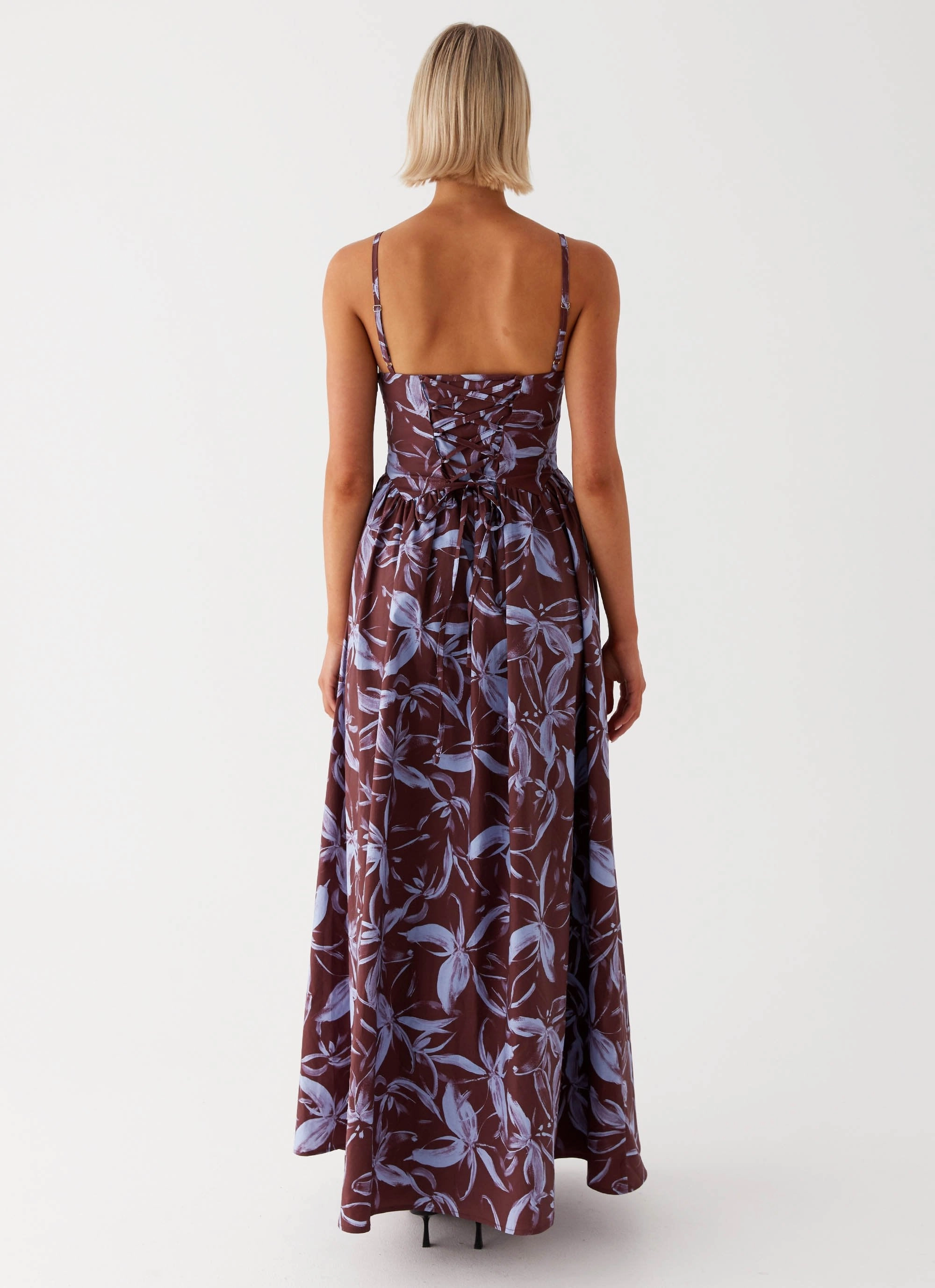 Tesoro Maxi Dress - Brown Purple Floral ElasticWaistband