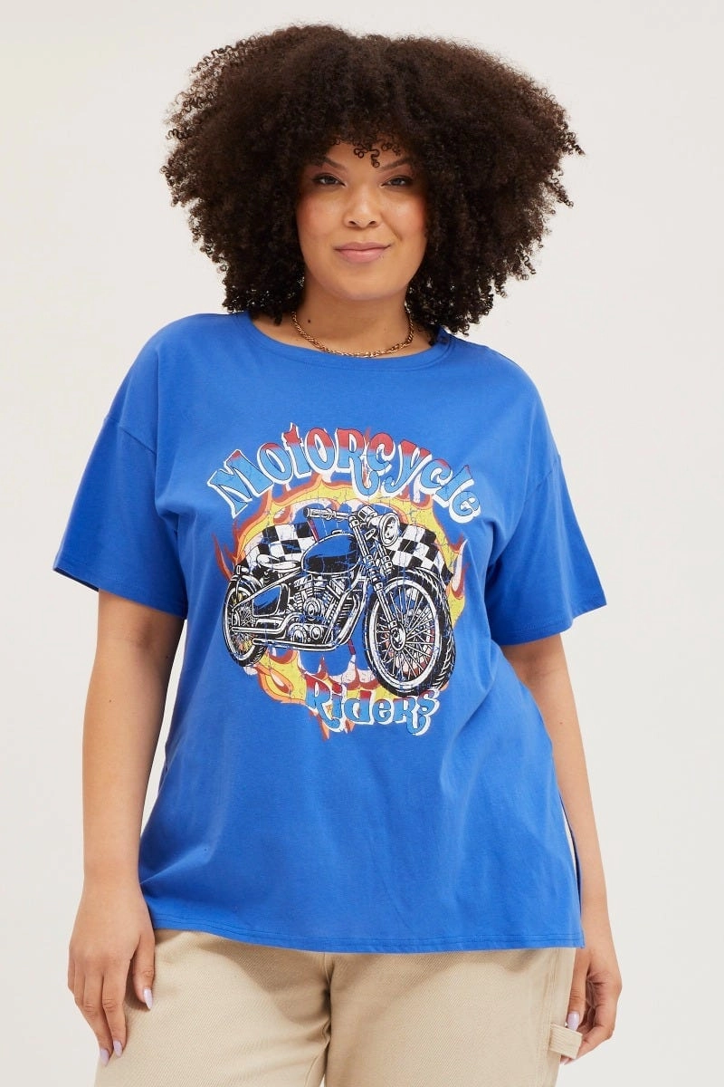 QuickDry Blue Graphic T-shirt Motorcycle Short Sleeve Cotton