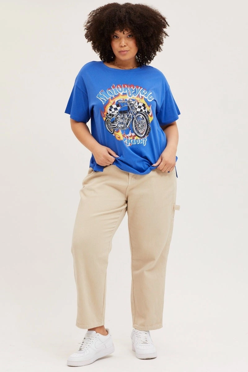 Blue Graphic T-shirt Motorcycle Short Sleeve Cotton All Purpose Wear
