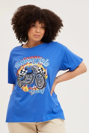 Flatlock stitching Cozy Flex Blue Graphic T-shirt Motorcycle Short Sleeve Cotton