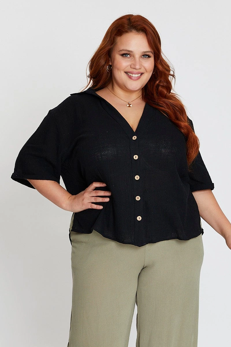 Active Comfort Soft Comfort Black V-neck Shirt Short Sleeve Textured