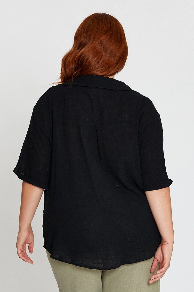 Black V-neck Shirt Short Sleeve Textured Matte Finish