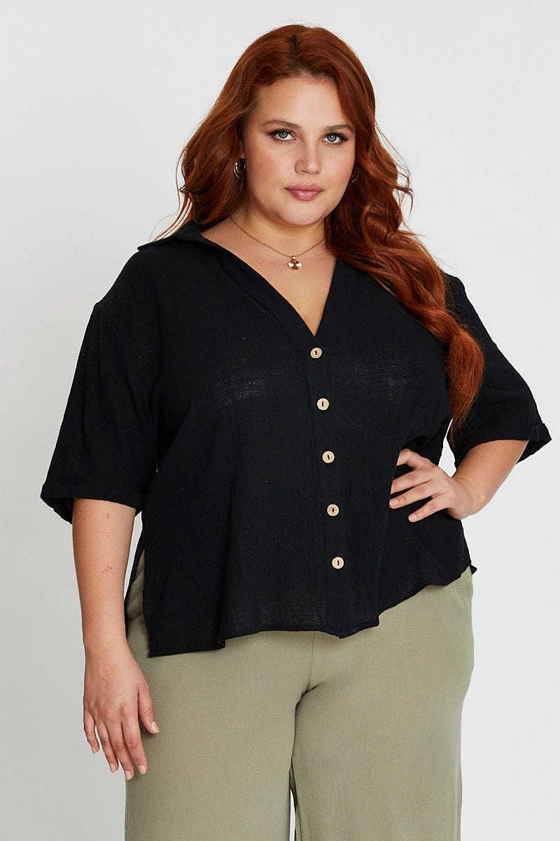 Black V-neck Shirt Short Sleeve Textured Creative Professional Cooling Mesh Lining