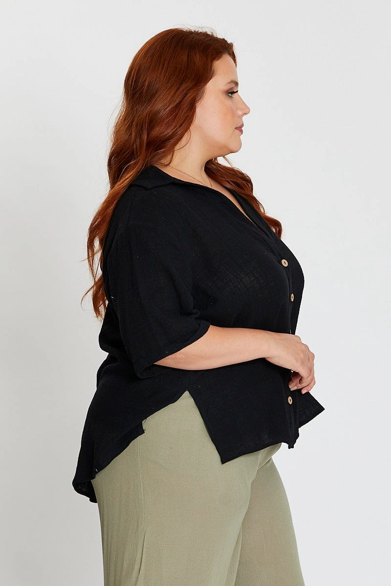 Black V-neck Shirt Short Sleeve Textured Breathable Design