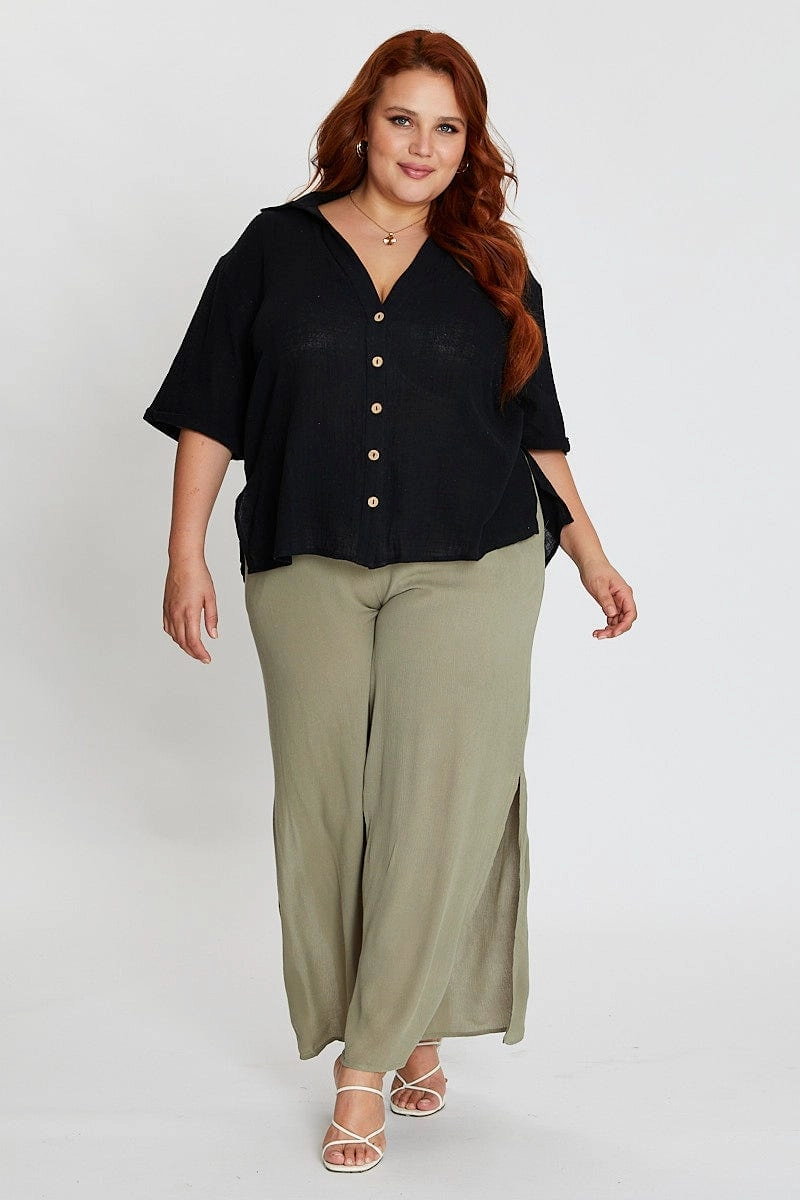 Black V-neck Shirt Short Sleeve Textured Standalone Option Travel Essential