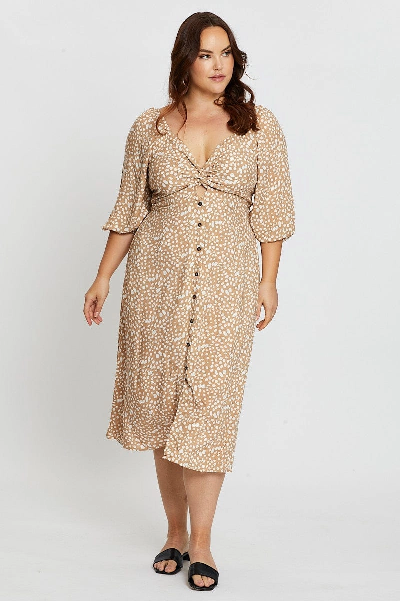 Geo Print 3/4 Sleeve Tie Front Button Midi Dress Chic Style Wear Evening Glow
