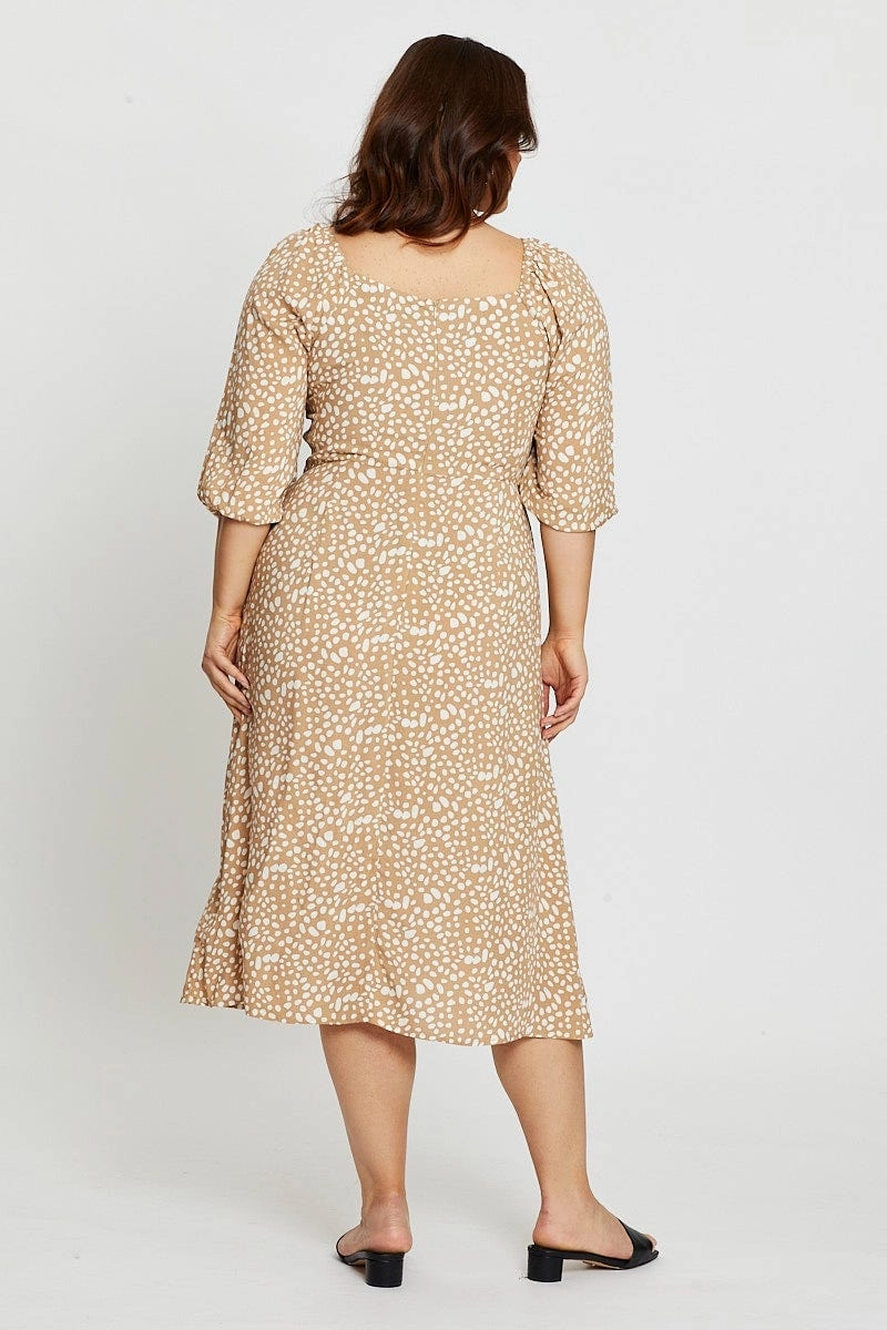 Geo Print 3/4 Sleeve Tie Front Button Midi Dress Chic Fit