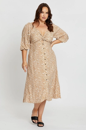 Pearl-Detail Elegant Detail Geo Print 3/4 Sleeve Tie Front Button Midi Dress