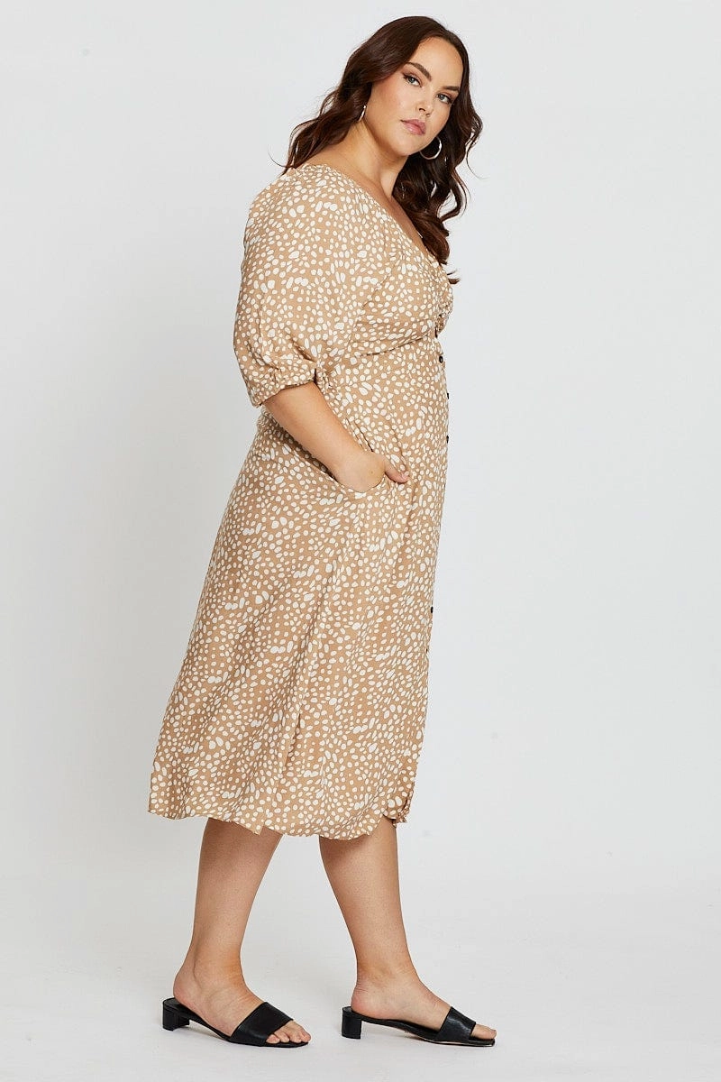 Relax Line Geo Print 3/4 Sleeve Tie Front Button Midi Dress