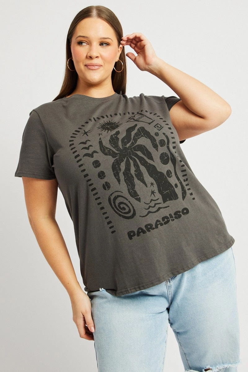 Grey Graphic T Shirt Short Sleeve Crew Neck Versatile Top Eco Friendly Fabric