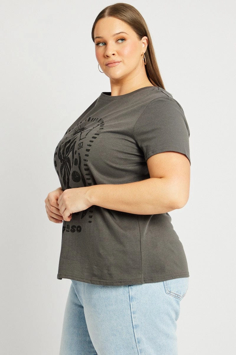 Trendy popularity Breathable Fit Grey Graphic T Shirt Short Sleeve Crew Neck