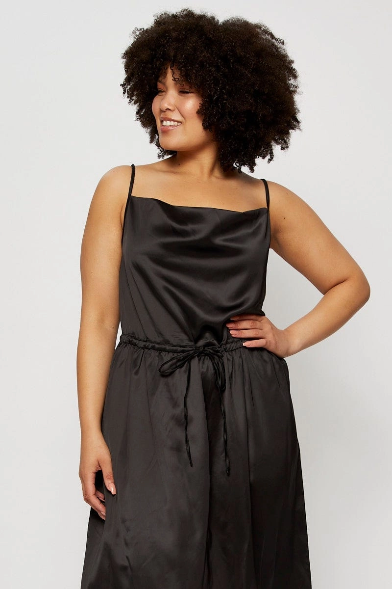Fashionable Fit Fashionable Comfort Wear Black Midi Satin Dress Cowl Neck Sleeveless