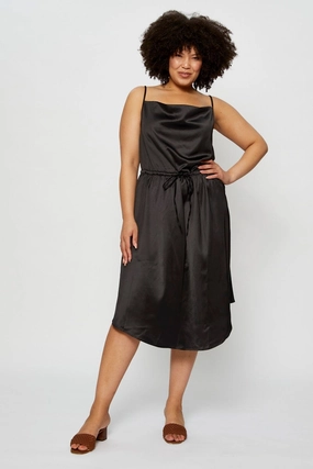 Bust-Enhancing Crisp Look Black Midi Satin Dress Cowl Neck Sleeveless