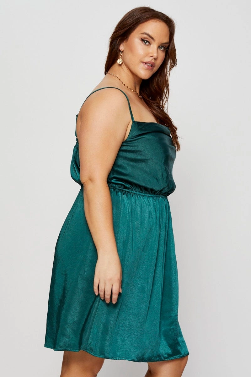Green Mini Satin Dress Cowl Neck Sleeveless Sophisticated Appeal Airy Layer
