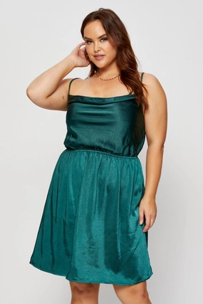 Green Mini Satin Dress Cowl Neck Sleeveless Feather Light