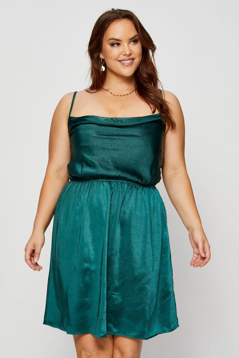 Green Mini Satin Dress Cowl Neck Sleeveless Flattering Silhouette