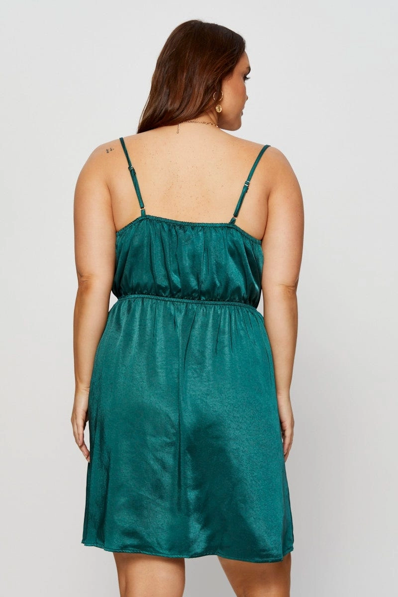 Green Mini Satin Dress Cowl Neck Sleeveless High Cut