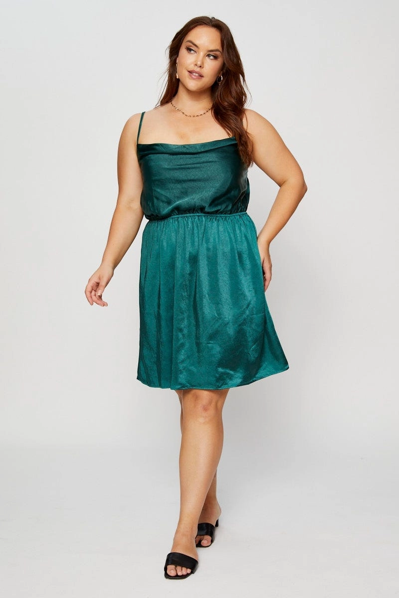Casual Style Green Mini Satin Dress Cowl Neck Sleeveless