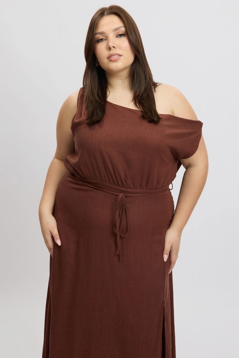 Brown Midi Dress Short Sleeve Asymmetric Shoulder Basic Warm