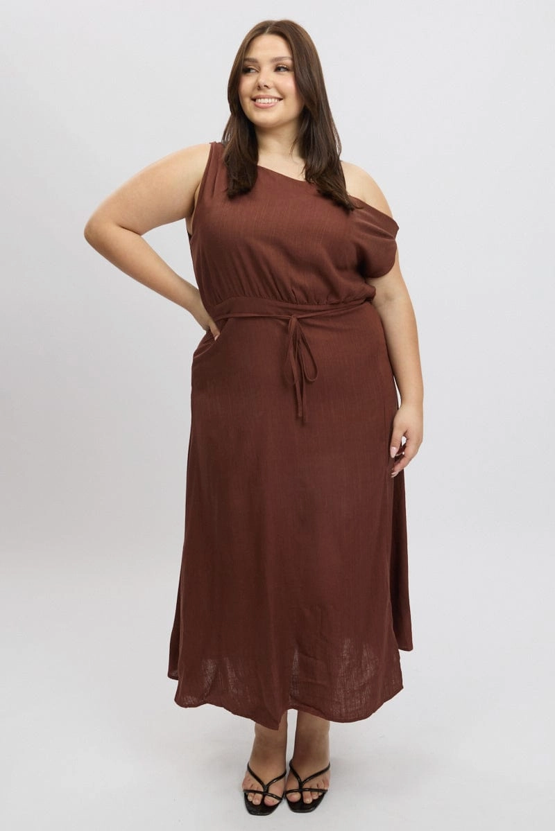 Brown Midi Dress Short Sleeve Asymmetric Shoulder Textured Flow
