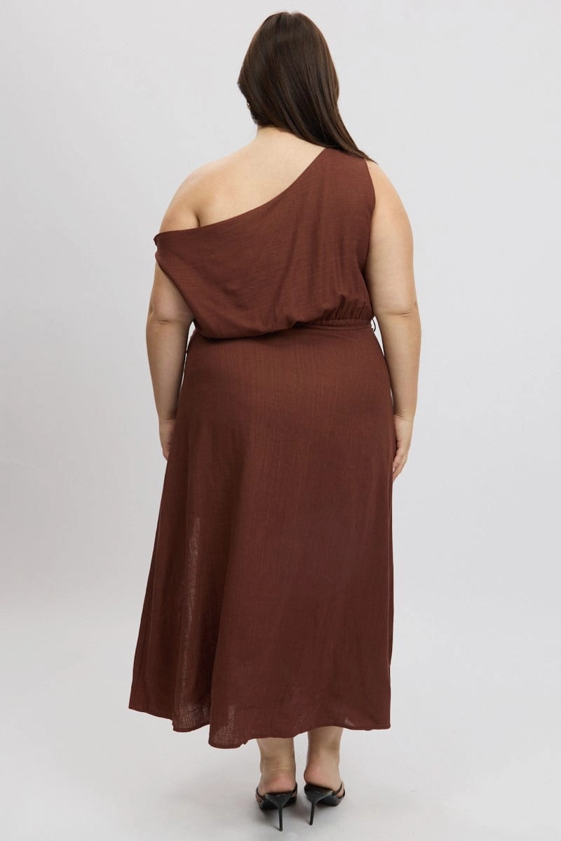 Brown Midi Dress Short Sleeve Asymmetric Shoulder Fashion-forward day dress Sophisticated Waist Fit