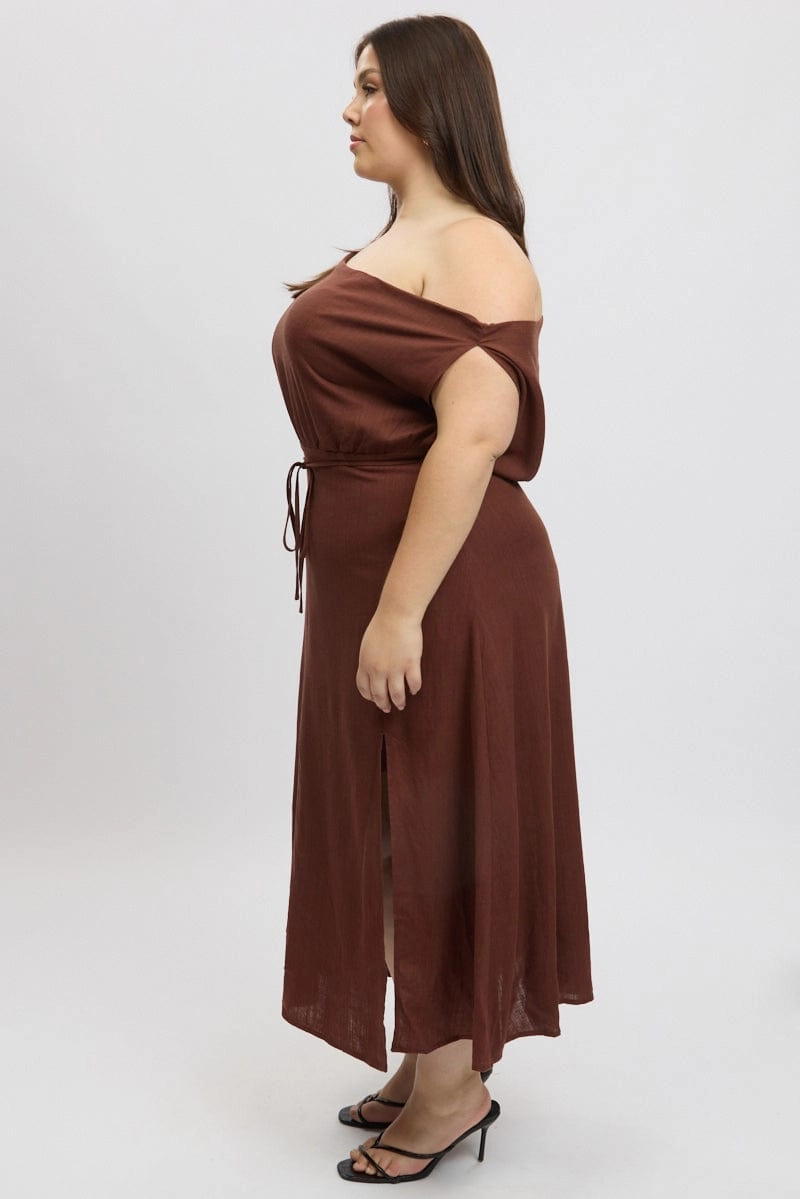 Japan Cool effortless grace Brown Midi Dress Short Sleeve Asymmetric Shoulder