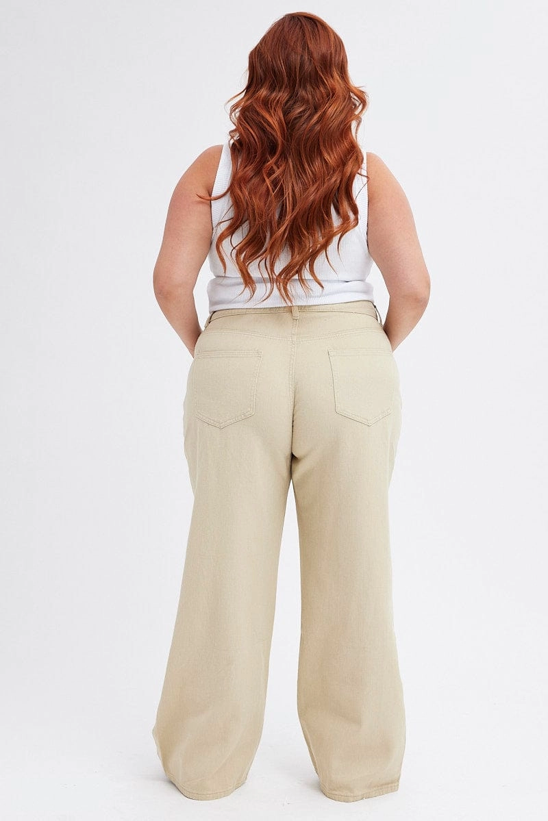 Beige Wide Leg Denim Jeans High Rise Fits Everyone