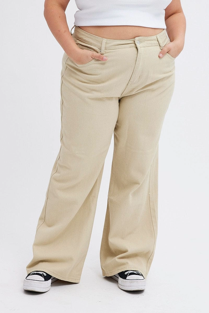 Contemporary Waistband Beige Wide Leg Denim Jeans High Rise