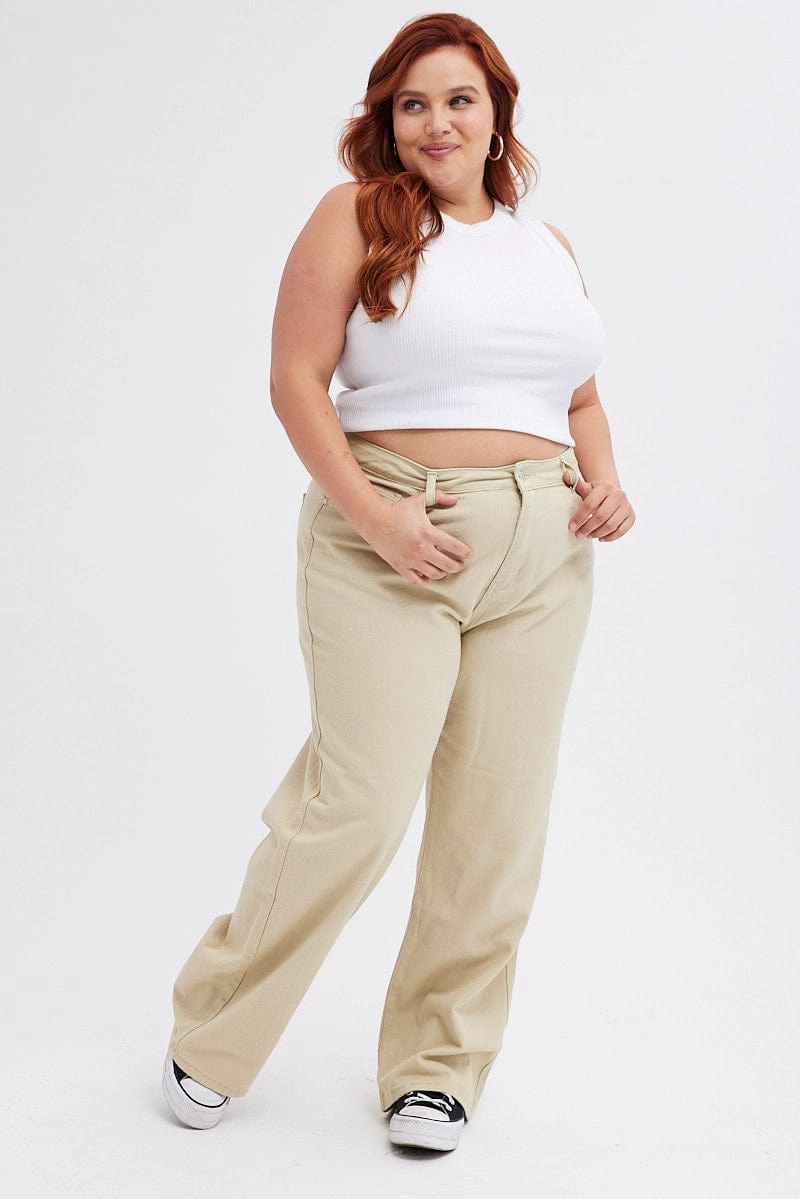 Beige Wide Leg Denim Jeans High Rise Faded Wash