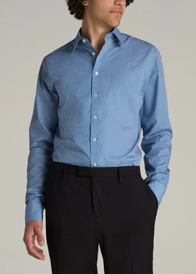 Wrinkle Resistant Weave Wind Resistant Fabric Premium Dress Shirt for Tall Men in Blue Geometric