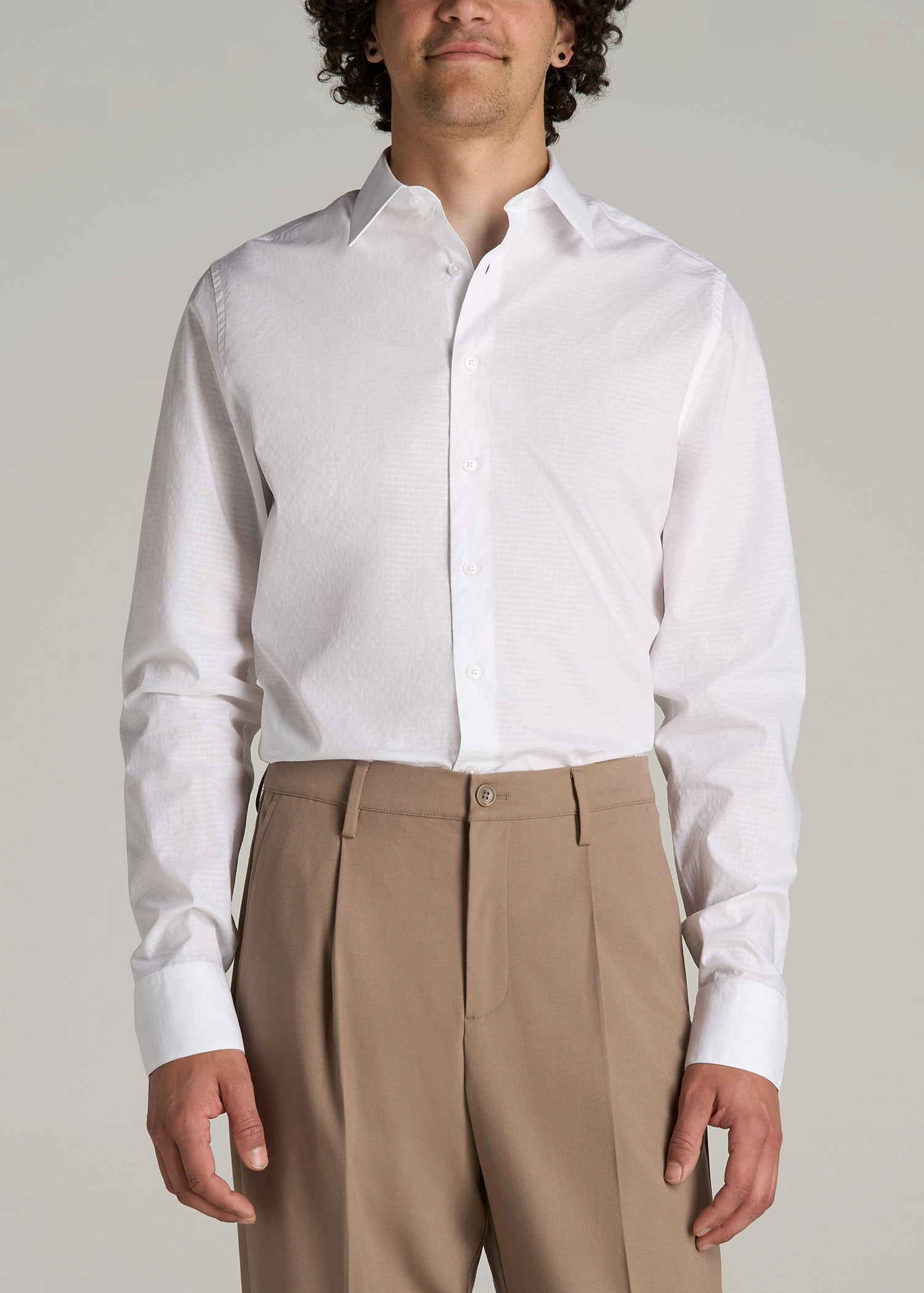 Modern Silhouette Premium Dress Shirt for Tall Men in White Dobby