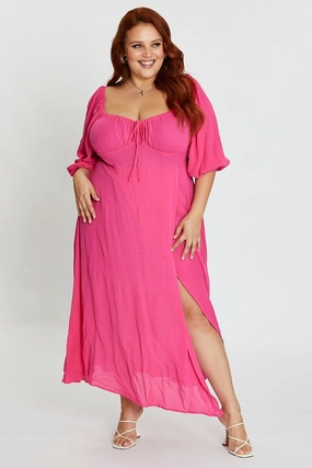 Smooth Look Hot Pink Maxi Dress Scoop Neck Short Sleeve Front Split