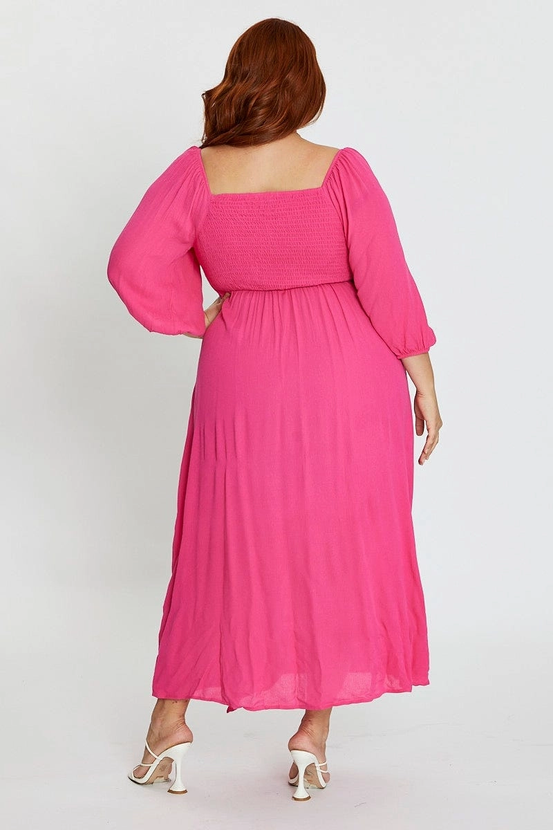 Hot Pink Maxi Dress Scoop Neck Short Sleeve Front Split Kind Light Urban Line