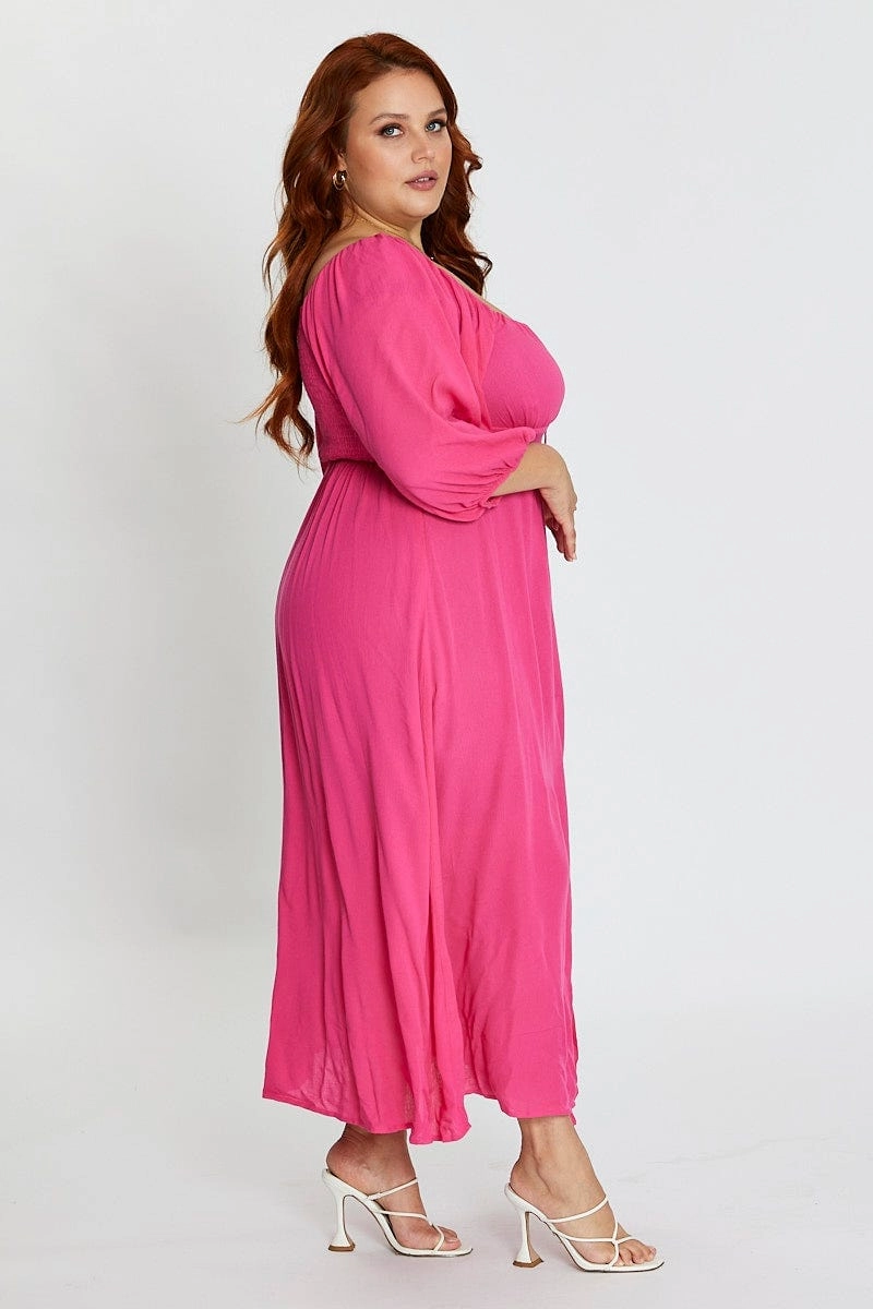 Style Base Wide Swing Hot Pink Maxi Dress Scoop Neck Short Sleeve Front Split