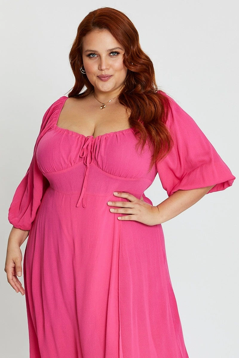 Date Vibe Sheer Panel Hot Pink Maxi Dress Scoop Neck Short Sleeve Front Split