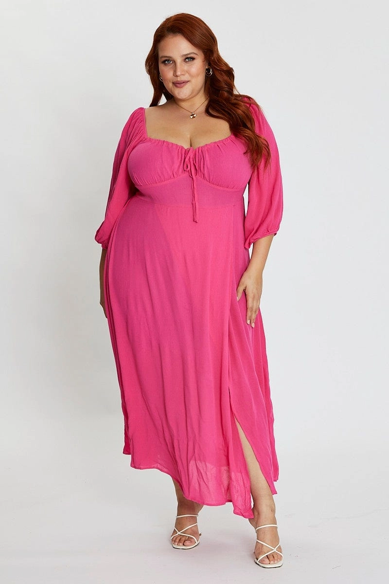 Hot Pink Maxi Dress Scoop Neck Short Sleeve Front Split Fluid Cut