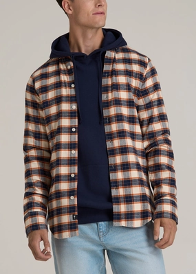 Midweight Brushed Flannel Button Shirt for Tall Men in Blue and Orange Plaid V Neck Design TaglessCollars