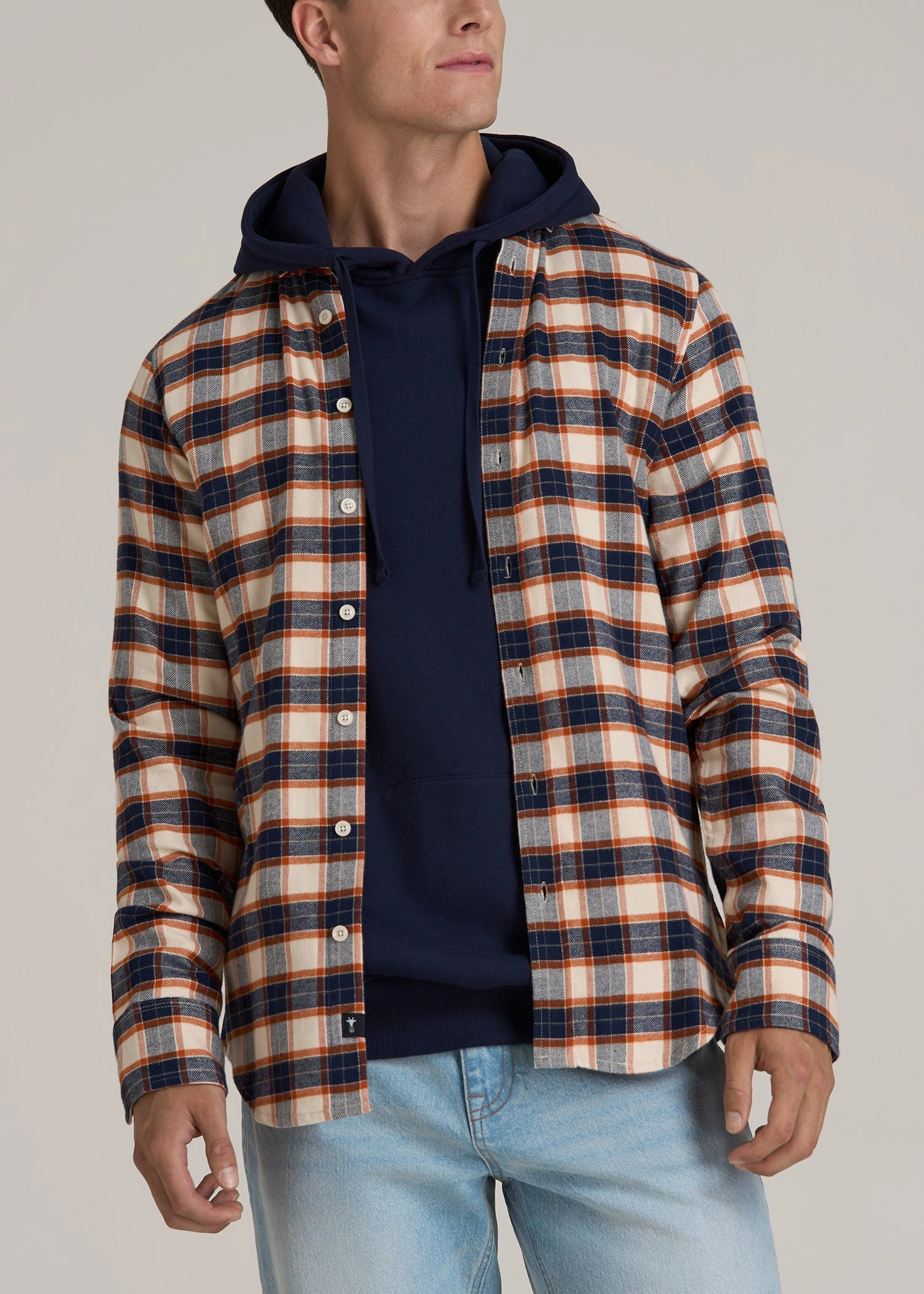 SubtleTexture Thermal Regulation Technology Midweight Brushed Flannel Button Shirt for Tall Men in Blue and Orange Plaid