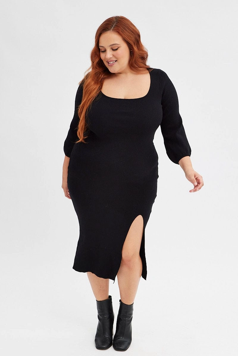 Joy Glow Mesh-Detail Black Midi Dress Long Balloon Sleeve Sexy Split Knit