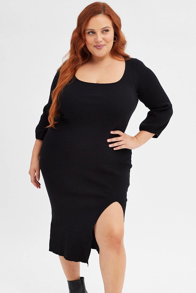 Black Midi Dress Long Balloon Sleeve Sexy Split Knit Playful touch Contemporary Waist