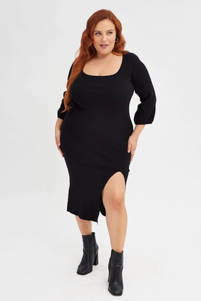 City Style Style Blend Black Midi Dress Long Balloon Sleeve Sexy Split Knit
