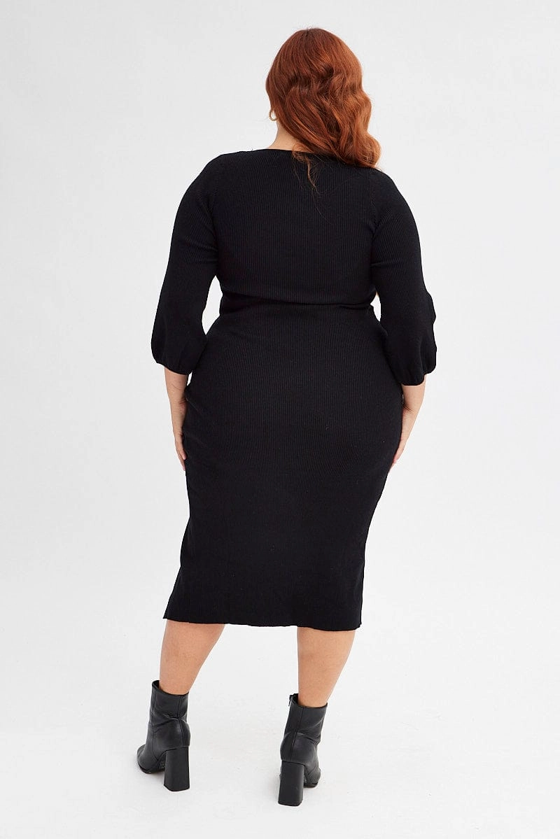 Black Midi Dress Long Balloon Sleeve Sexy Split Knit Happy Soul Square-Neck