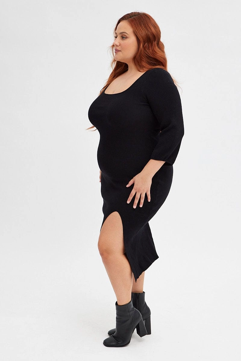 Black Midi Dress Long Balloon Sleeve Sexy Split Knit museum visit