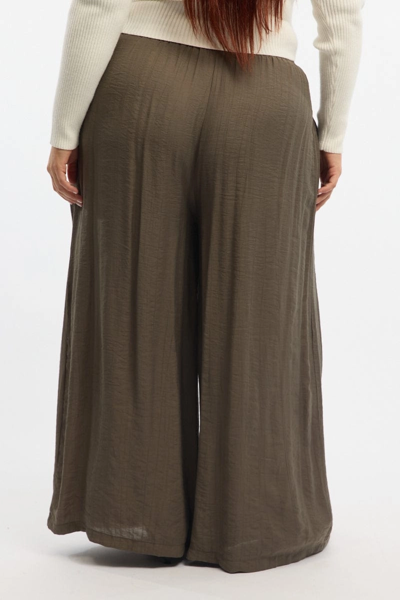 Relaxed Look Easy Care Fabric Brown Tie Waist Textured Wide Leg Pants