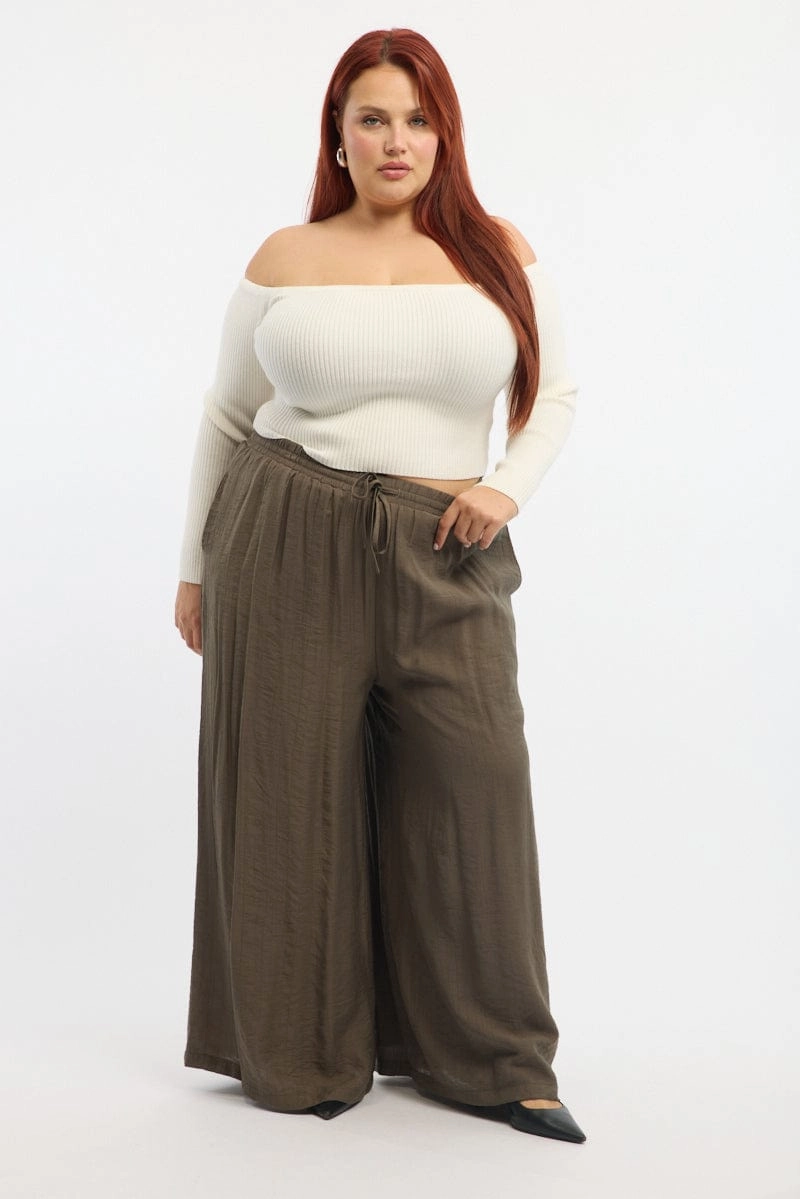Brown Tie Waist Textured Wide Leg Pants Flat Lock Seams Comfortable Design