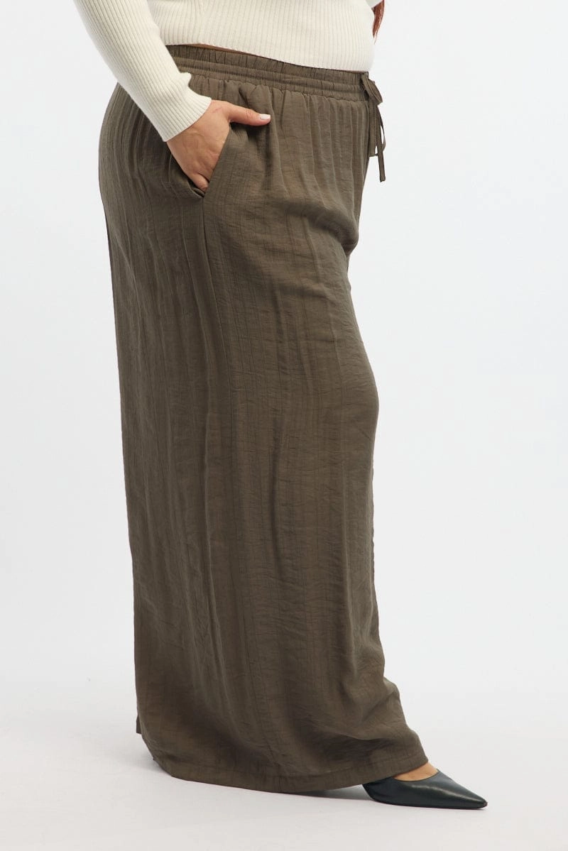 Flattering Cut Performance Support Brown Tie Waist Textured Wide Leg Pants