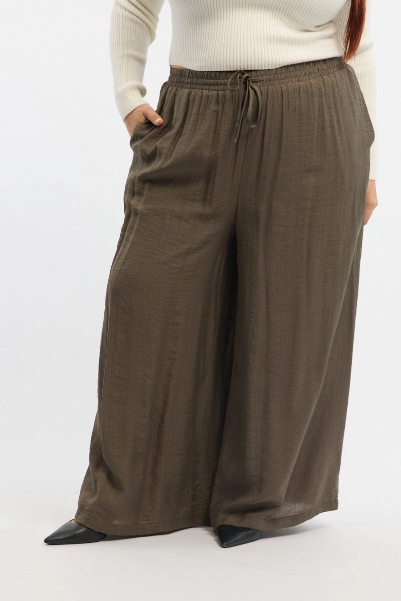 Stylish Wear Durable Hemming Brown Tie Waist Textured Wide Leg Pants